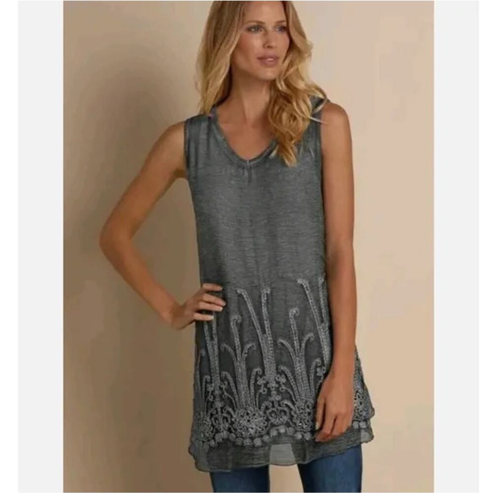 Soft Surroundings Silk Romance Top Embroidered Shoreline Grey Tunic Blouse Tank